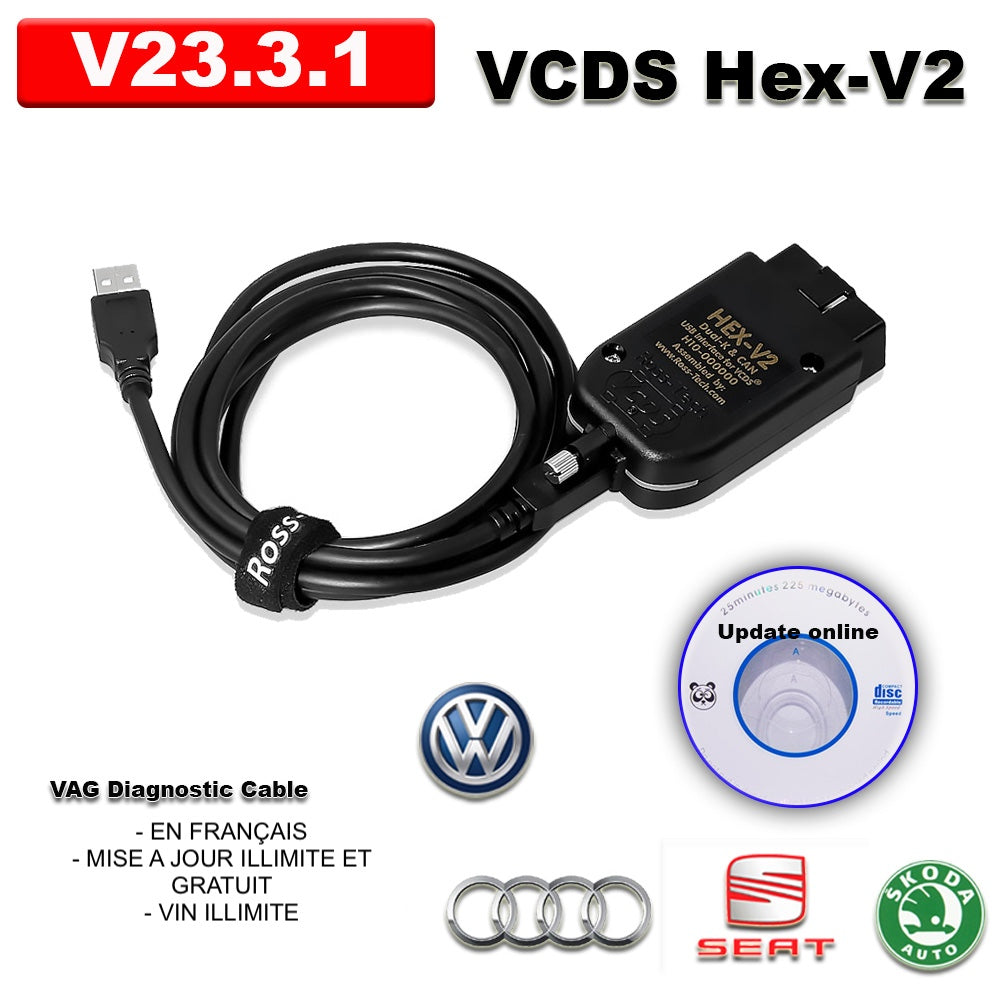 Câble Vagcom VCDS pour groupe VAG : Audi, Seat, Vw, Skoda (1995 à 2023)